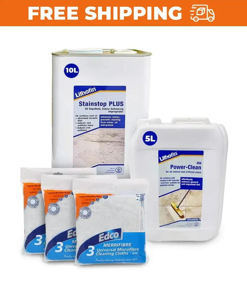 Collection of Lithofin and Edco cleaning products with free shipping text on an orange banner.