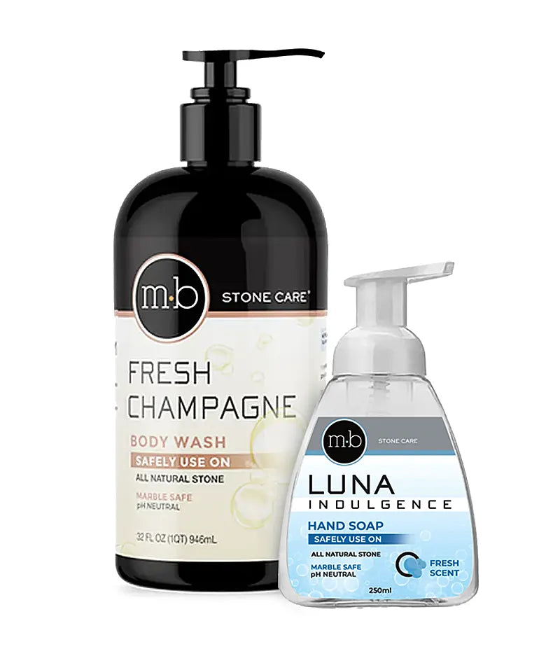 Two bottles of m.b Stone Care products on a white background