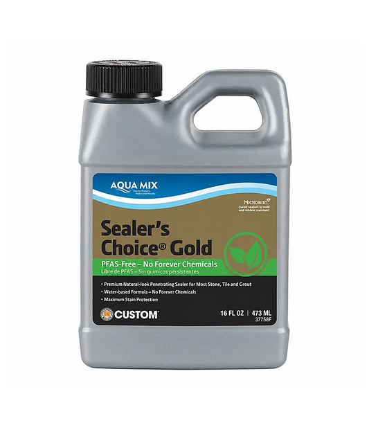 A 16 fl oz bottle of Aqua Mix Sealer's Choice Gold PFAS-Free sealer, featuring a metallic silver-gray container, a black ribbed cap, and a multi-colored label with blue, brown, and green sections.
