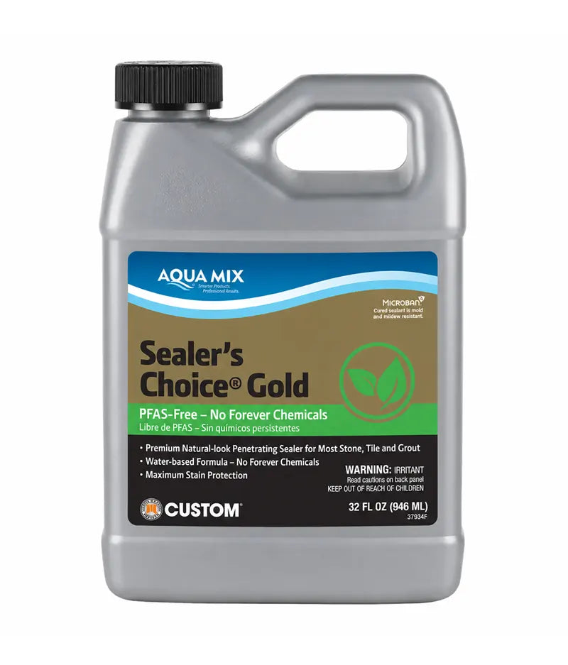 A 32 fl oz plastic jug of Aqua Mix Sealer's Choice Gold sealer, featuring a silver-gray container, black cap, and a brown, green, and blue label.