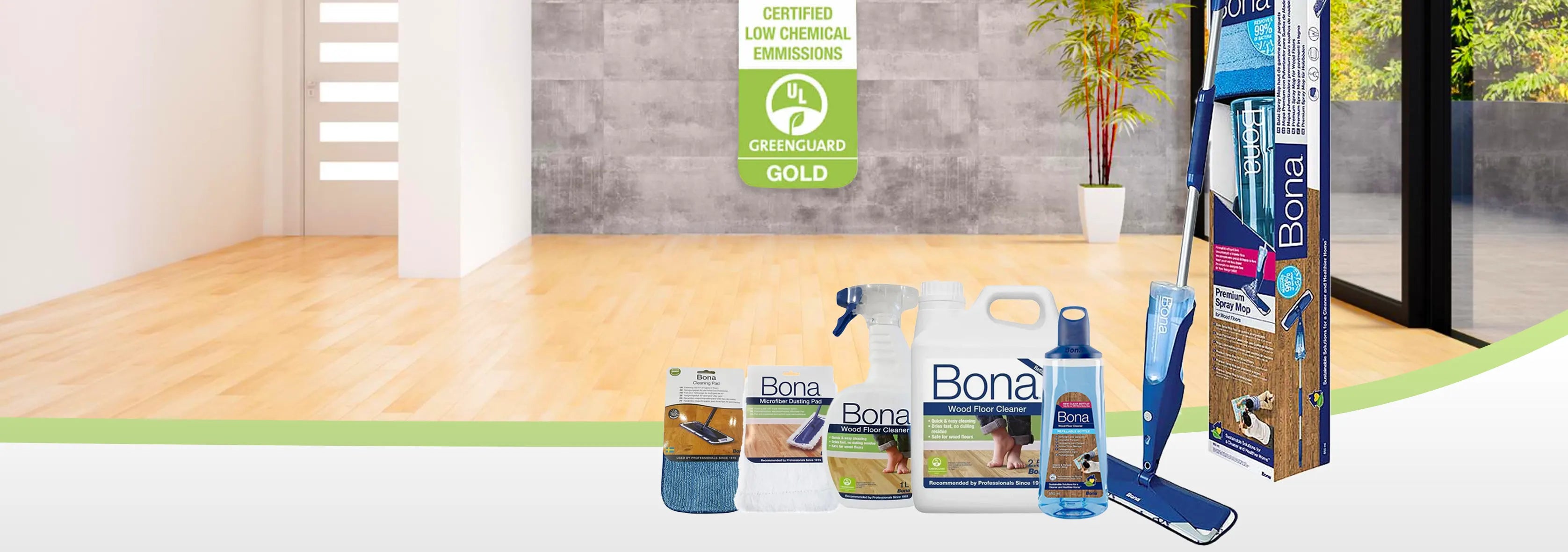 Bona floor care products with a certification badge on a blurred background of a room.