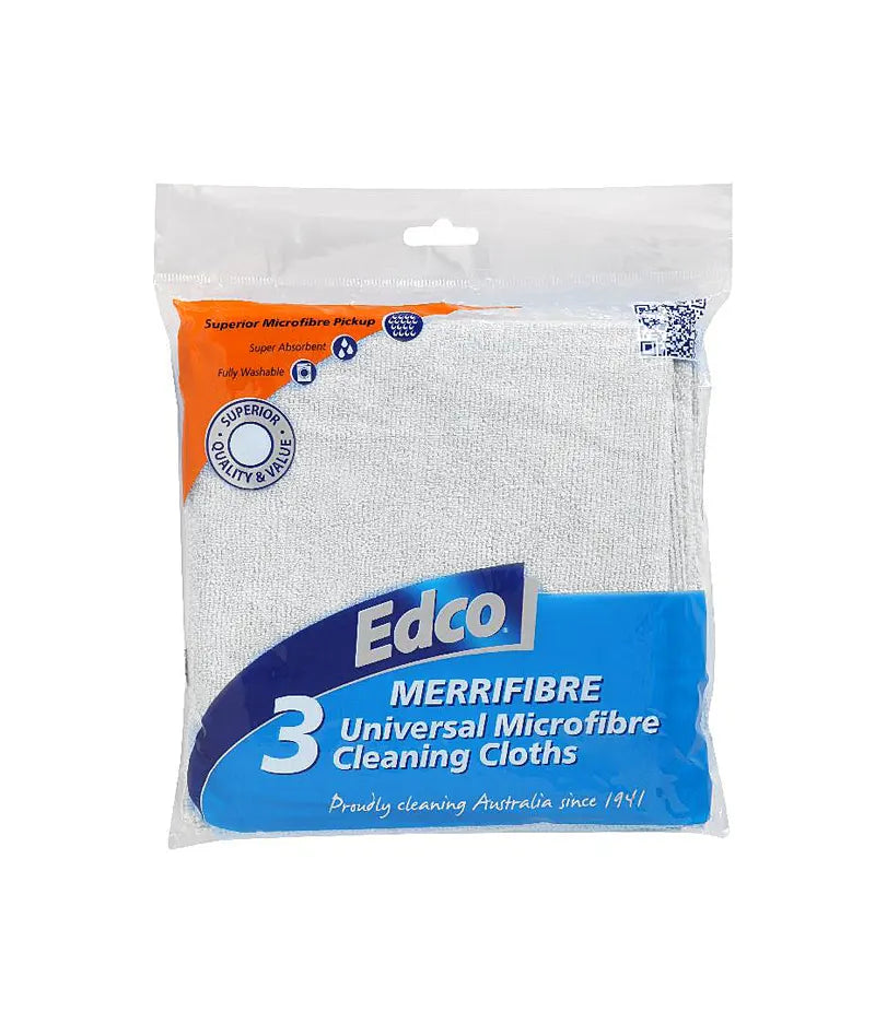 Edco 3-pack of Merrifibre universal microfibre cleaning cloths in a clear plastic hanging bag with blue and orange branding.