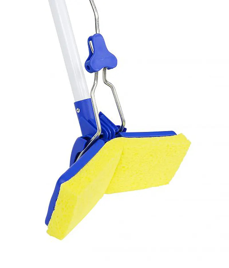 Blue and yellow cleaning tool with a white handle on a white background
