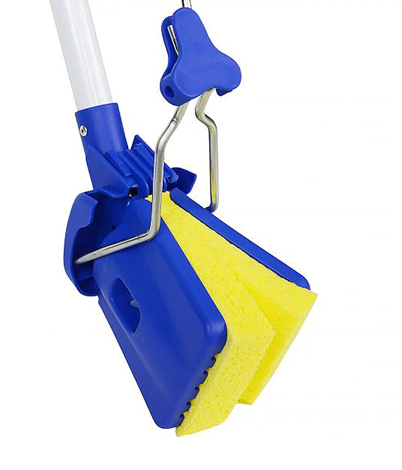 Blue and yellow cleaning tool with a white handle on a white background