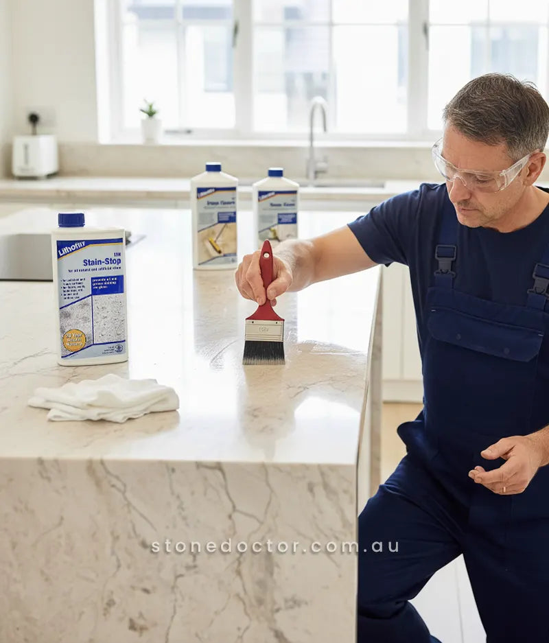 Lithofin MN Stone Care: Power Clean 1L + Stain Stop 1L - Stone Doctor Australia - Bench Care Kit