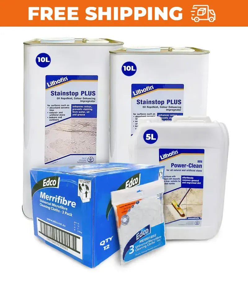 Lithofin Stainstop PLUS, Edco Merrifibre, and Power-Clean products with free shipping text and icon.