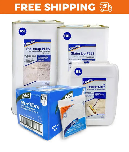 Lithofin Stainstop PLUS, Edco Merrifibre, and Power-Clean products with free shipping text and icon.