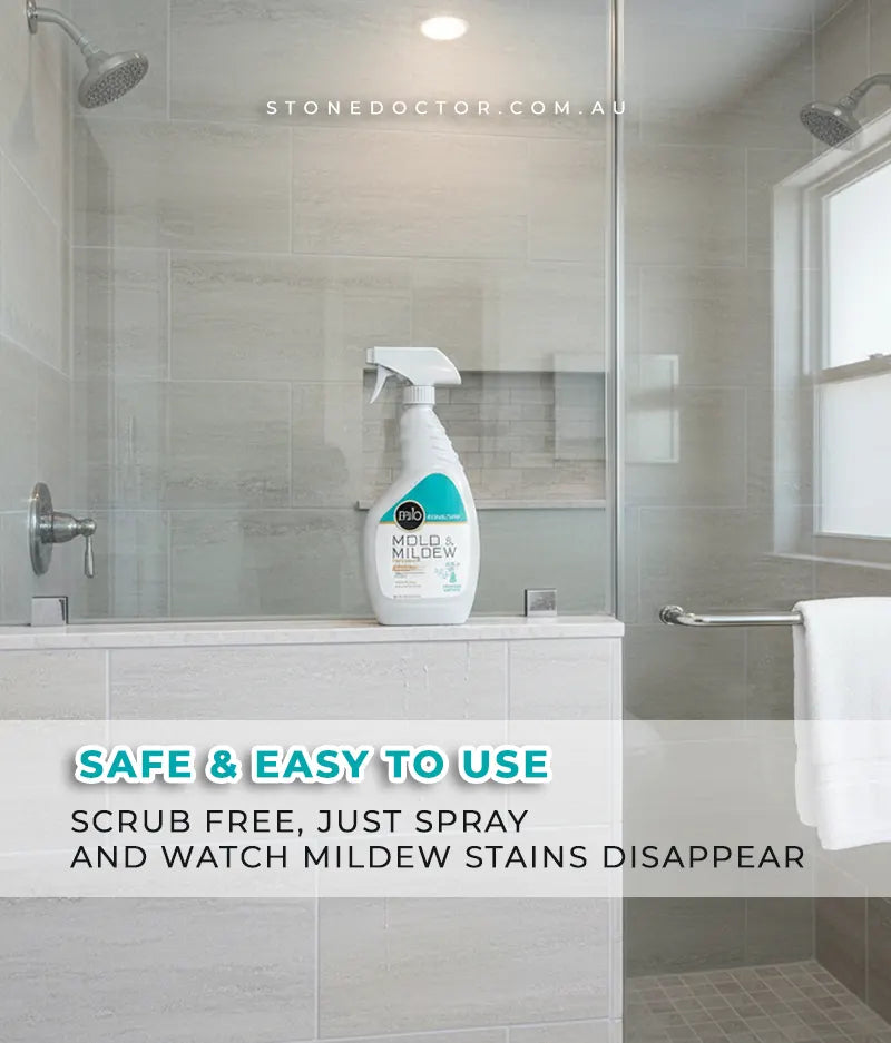 Mold and mildew removal spray bottle in a bathroom setting with text highlighting safety and ease of use.