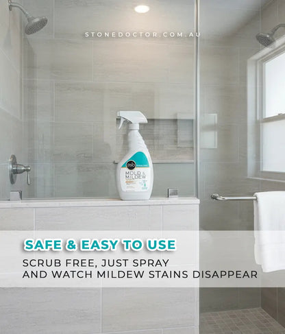 Mold and mildew removal spray bottle in a bathroom setting with text highlighting safety and ease of use.