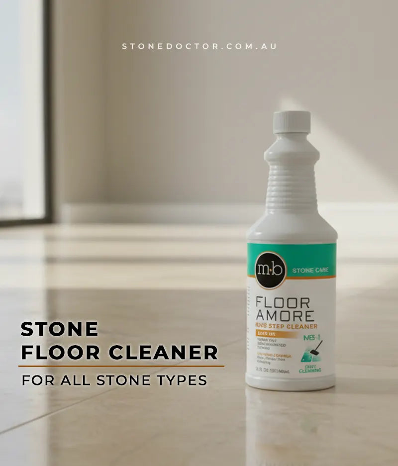 Floor Amore stone floor cleaner bottle on a stone floor with 'stonedoctor.com.au' branding.