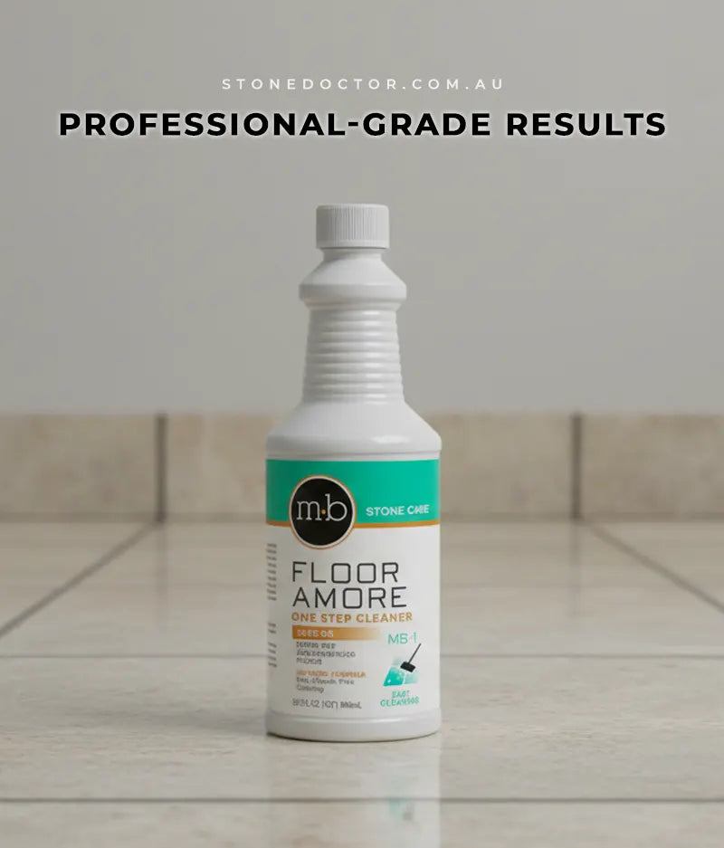 Floor cleaner bottle labeled 'Floor Amore' on a tiled floor with 'Stonedoctor.com.au' branding.