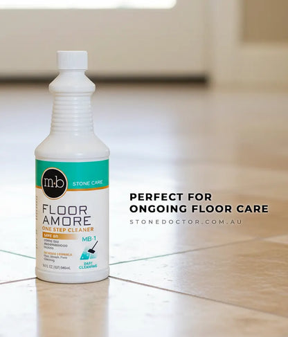 Floor cleaner bottle labeled 'Floor Amore' on a wooden floor with promotional text.