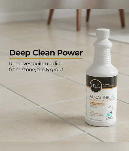 M&B Alkaline HD Heavy Duty Cleaner bottle on a tiled floor with text about deep cleaning power.