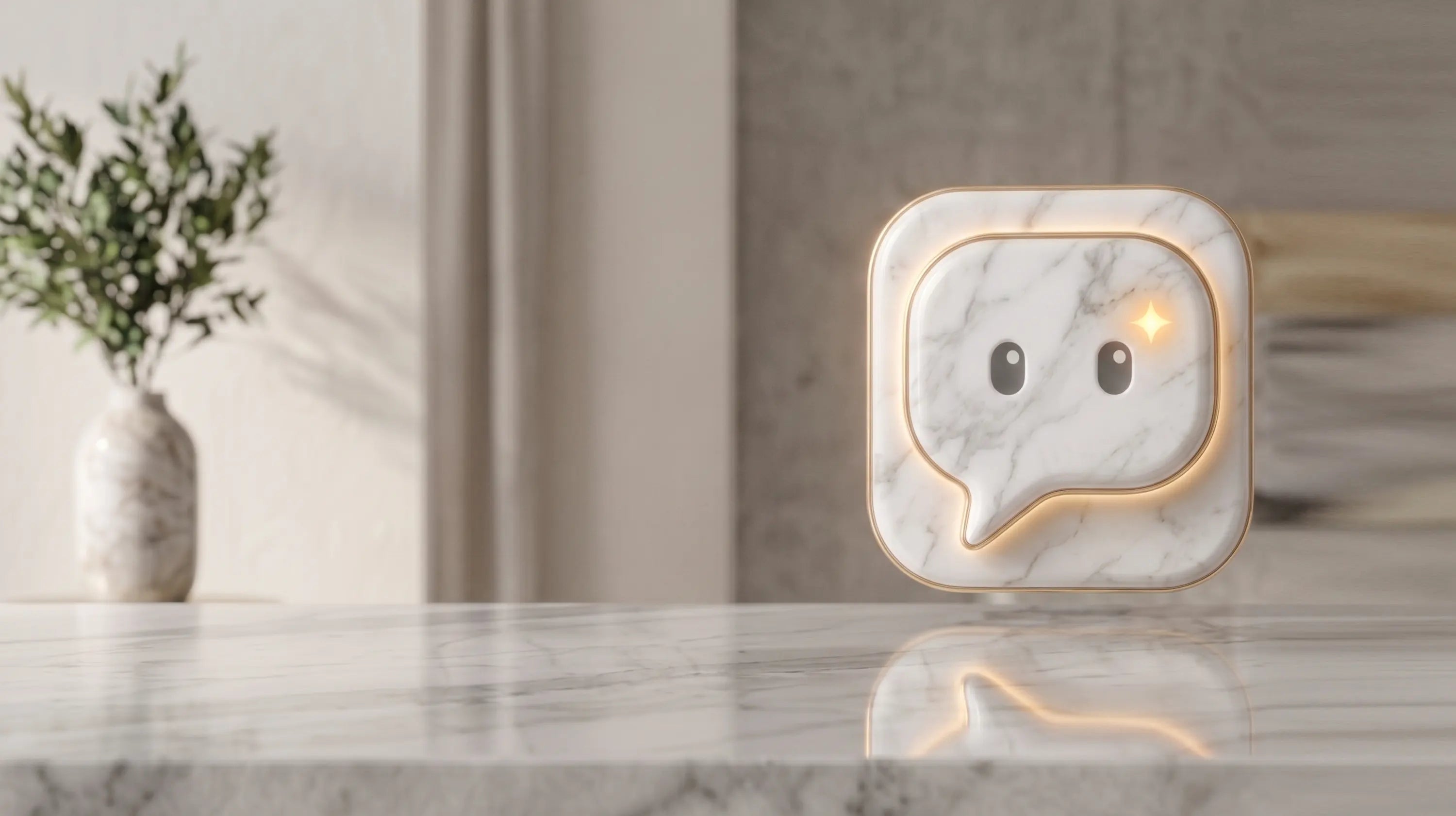 Meet-Stoni-AI-Stone-Doctor-Australia. A small square smart speaker or decorative device with a white marble face and a warm glowing light, placed on a marble surface in a softly lit interior setting.