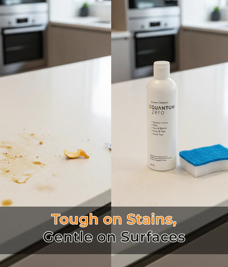 Cleaning product bottle on a kitchen counter with text 'Tough on Stains, Gentle on Surfaces'.