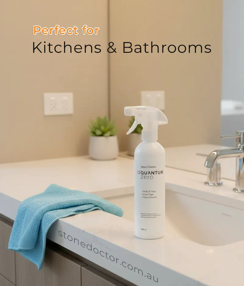 Cleaning product on a kitchen counter with text 'Perfect for Kitchens & Bathrooms' and a website URL.