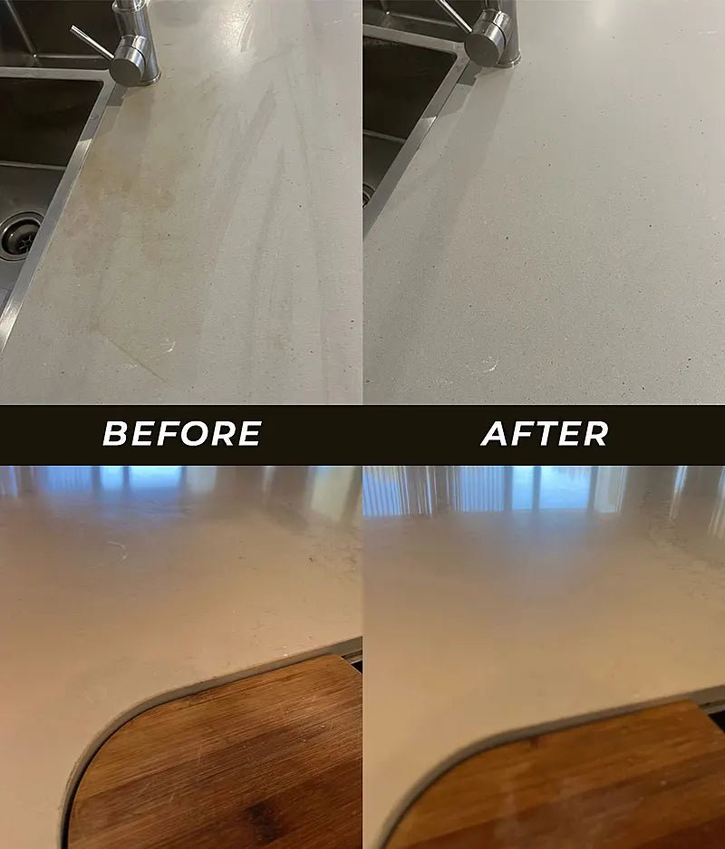 Before and after comparison of a kitchen countertop cleaning process.