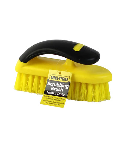 Heavy-duty scrubbing brush with yellow bristles and black handle on a white background