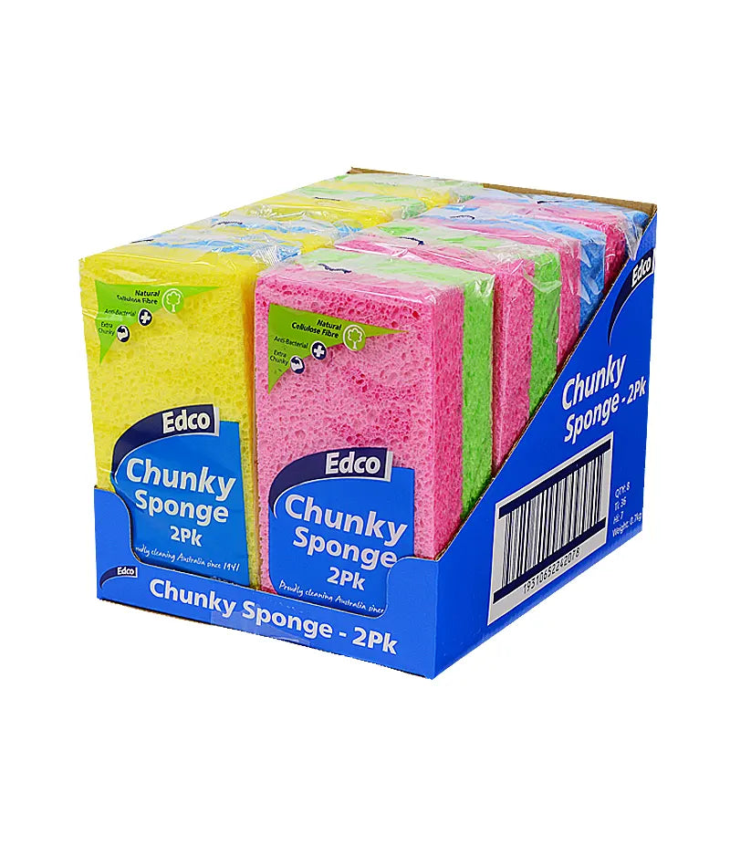 Box of Edco Chunky Sponges with colorful sponges inside on a white background