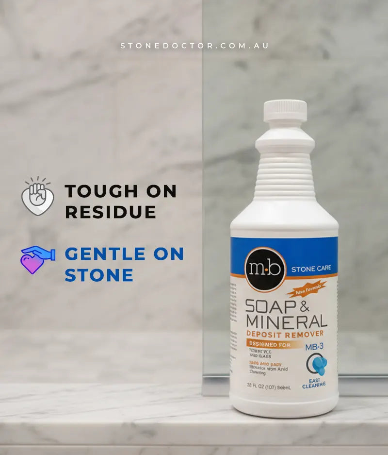 Soap and mineral deposit remover bottle on a marble surface with text highlighting features.