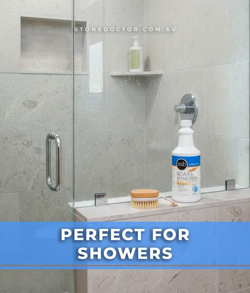 Cleaning product on a shower ledge with 'Stonedoctor.com.au' branding.