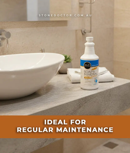 Bottle of soap and mineral cleaner on a bathroom counter with text 'Ideal for regular maintenance' and 'stonedoctor.com.au'.