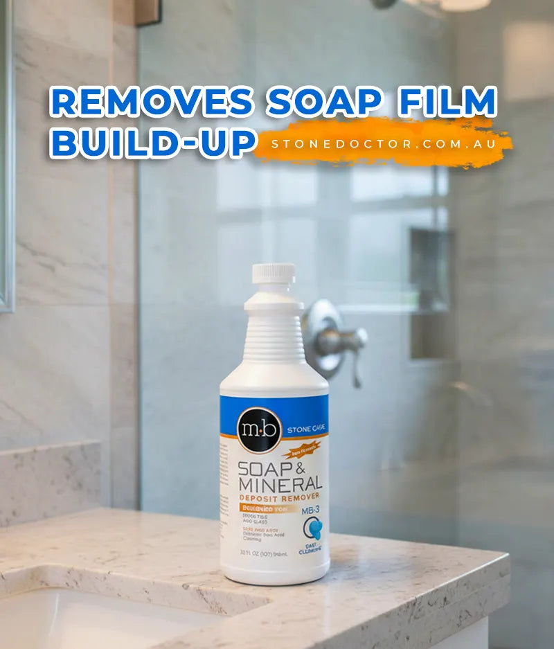Soap and mineral deposit remover bottle on a bathroom counter with text about removing soap film build-up.
