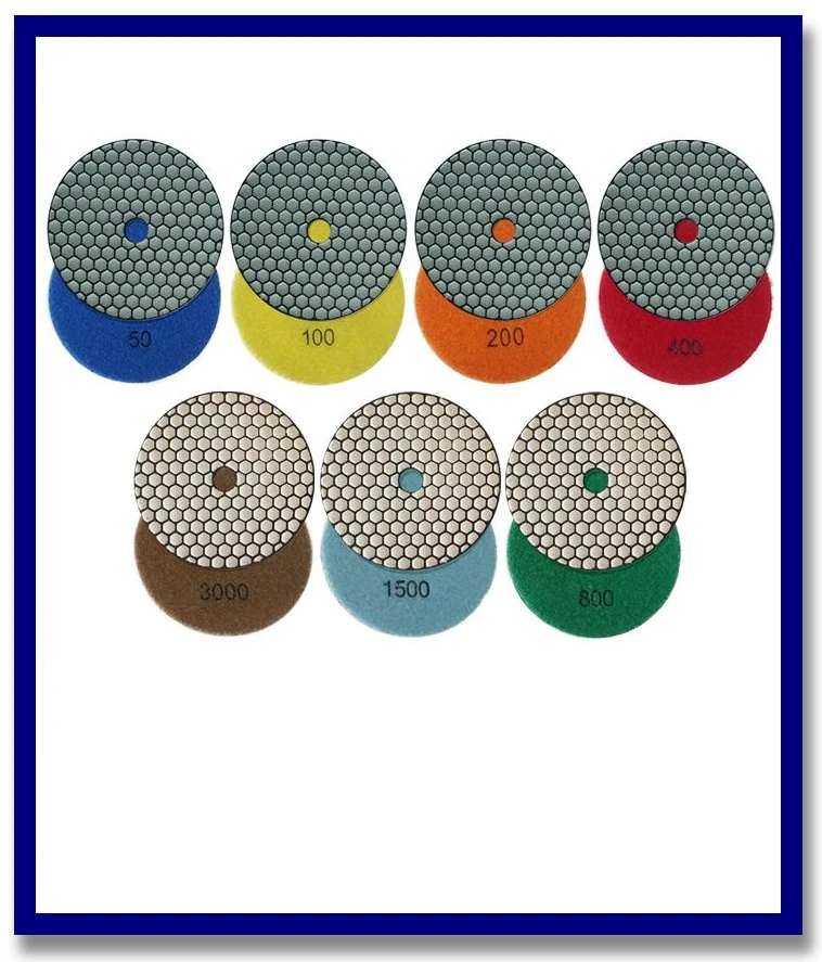 (7 Piece Set) 5" SDA Premium Dry Grinding Diamond V'cro Pads. Grits Included Are #50, 100, 200, 400, 800, 1500 & 3000 - Stone Doctor Australia - For Dry Grinding - Resin Bond