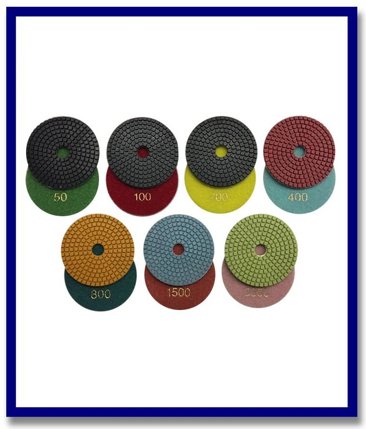 (7 Piece Set) 4" SDA Premium Wet Grinding Diamond V'cro Pads. Grits Included Are #50, 100, 200, 400, 800, 1500 & 3000 - Stone Doctor Australia - For Wet Grinding - Resin Bond